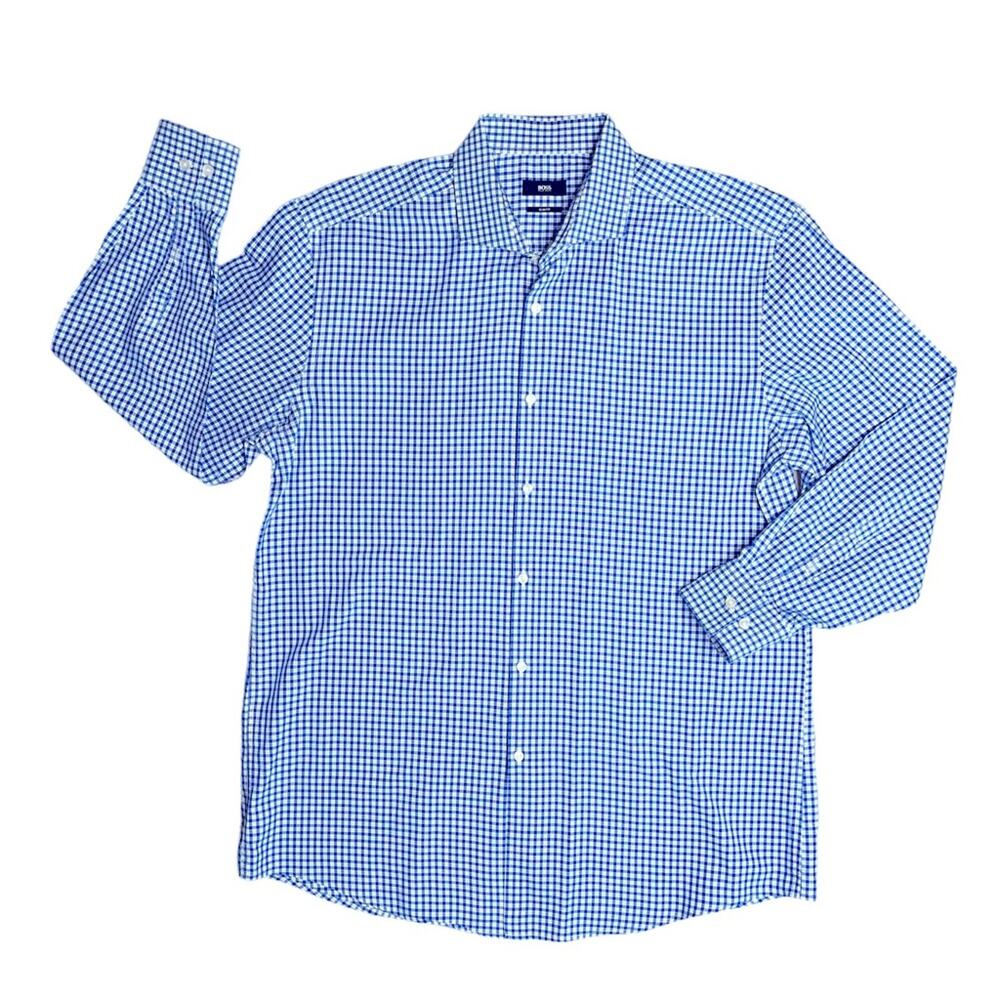 BOSS HUGO BOSS Blue White Plaid Long Sleeve Button Front Shirt Mens Size 18 Neck